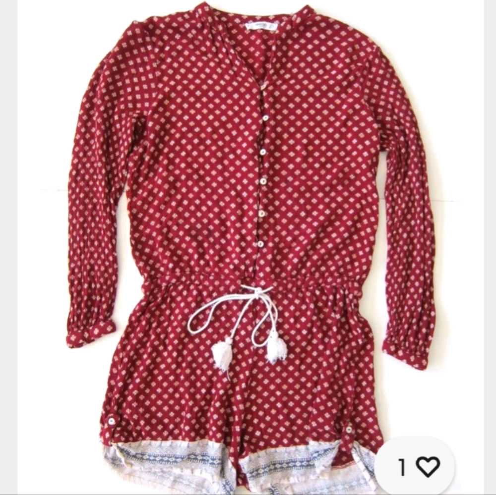 Mango Red Patterned Long Sleeve Romper With Tie Waist Size Small
